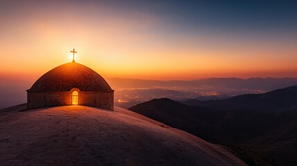 Obraz premium This image showcases a sunlit dome overlooking an expansive valley at sunrise, embodying peace and inspiration as the day begins with warm and golden tones.