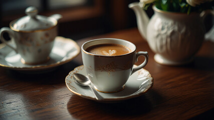 Fototapeta premium Indulging in afternoon tea with red tea and desserts. 