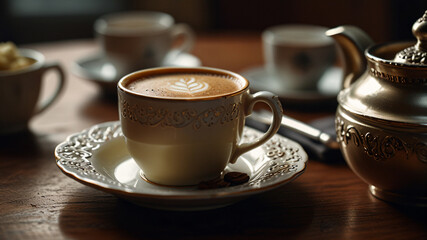 Indulging in afternoon tea with red tea and desserts. 