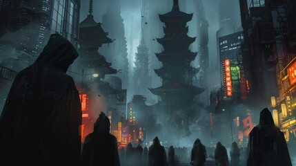 Fototapeta premium Silhouetted People in Wizard or Thief Type Cloaks in a Dark Nighttime Fantasy City Approaching a Towering Black Castle in the Distance. Thieves / Wizards Cityscape. 