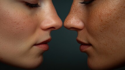 Obraz premium This photo features a close-up side view of two individuals facing each other with closed eyes, capturing a serene and peaceful exchange between them.