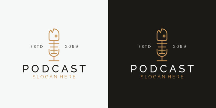 Podcast logo design template. With microphone and fishbone concept.
