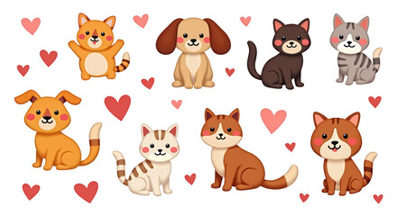 Fototapeta premium Cute Cartoon Cats and Dogs with Hearts on Transparent Background - Perfect for Design Elements and Overlays in PNG Format