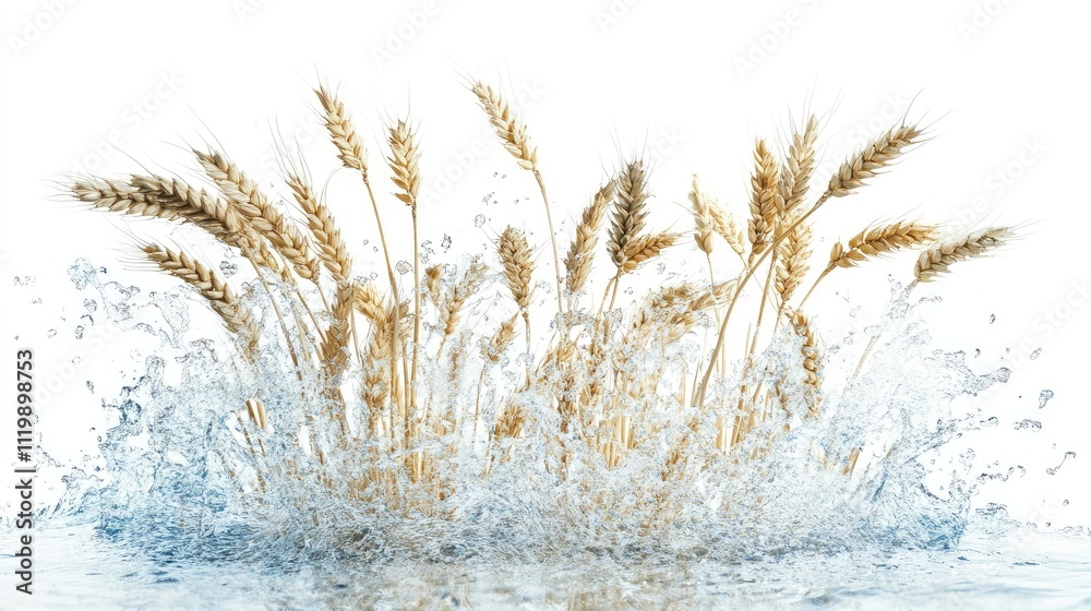Poster golden wheat spikes splashing through clear water, creating dynamic movement and visual contrast in 