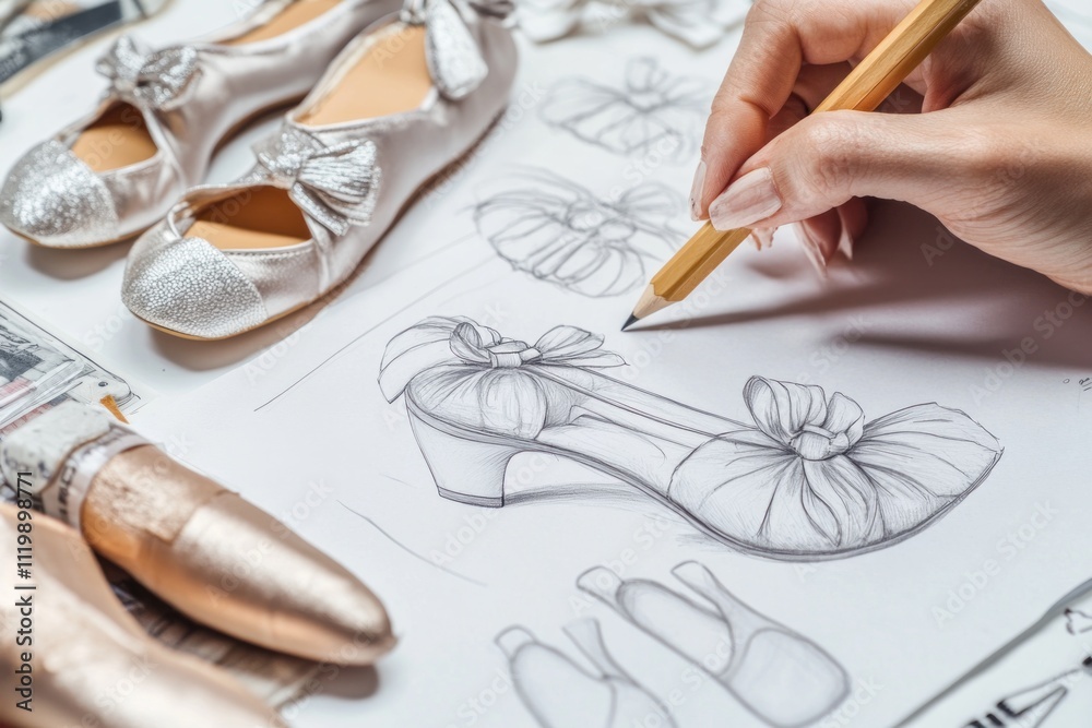 Poster A hand sketches a shoe design surrounded by various shoe prototypes.