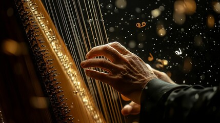 Hands Playing a Golden Harp in a Dark Setting