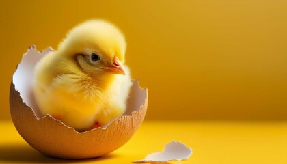 small yellow chicken in a shell on a yellow background copy space generative ai