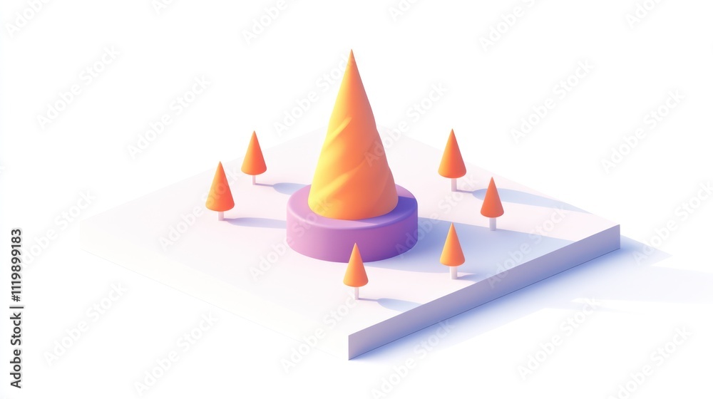 Aufkleber a stylized 3d illustration of a cone-shaped tree surrounded by smaller trees on a flat surface.