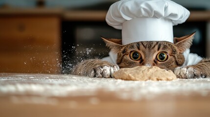 A playful kitchen cat in a chef's hat showing intense interest in baking dough, merging the worlds of culinary art and light-hearted whimsy.