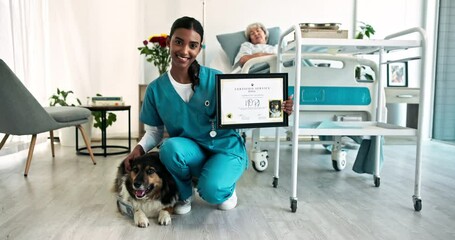 Happy woman, nurse or face with certificate or service dog for support, aid or healthcare. Portrait, female person or caregiver with animal qualification, frame or recognition for clinic appreciation