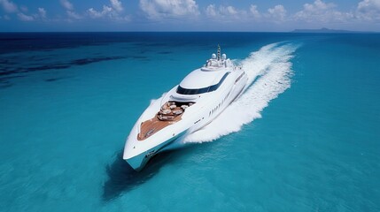 A sleek, modern yacht sails swiftly on a calm turquoise sea under a clear blue sky, exuding luxury...