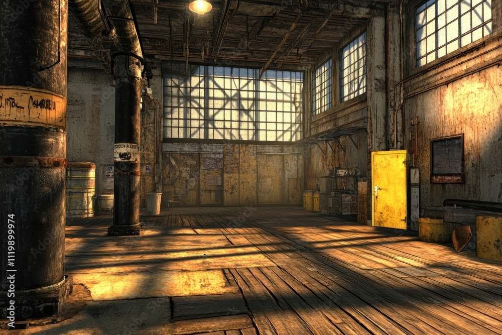 Poster an industrial interior with sunlight streaming through large windows, creating a moody atmosphere.