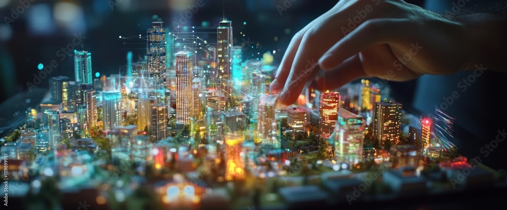 Aufkleber A futuristic miniature city model with lights and digital elements being interacted with.