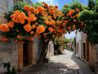 Fototapeta premium An old village street lined with charming, rustic buildings, where vibrant flowers bloom in window boxes and along the path, creating a peaceful, colorful atmosphere.