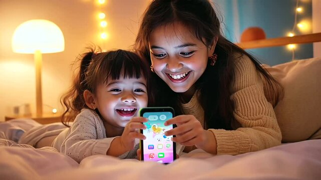 Elder Sister and Younger Sibling Playful Moment on Bed