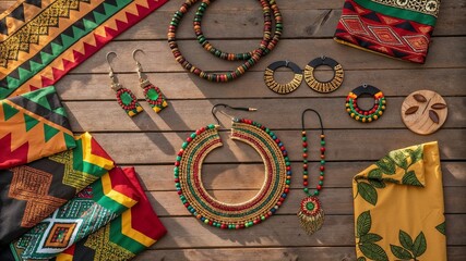 Traditional African jewelry and fabrics arranged in a pattern on wooden background for Black History Month