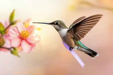 Fototapeta premium Exotic animal influencer concept. A hummingbird hovering near a delicate pink flower in soft sunlight