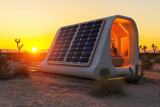 Futuristic eco-friendly desert house with solar panels in sunset