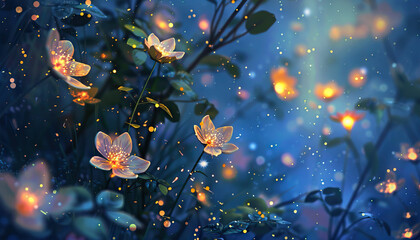 In the Enchanted Garden of Dreams: Blossoms of Stardust and Wishes Illuminate the Night Sky