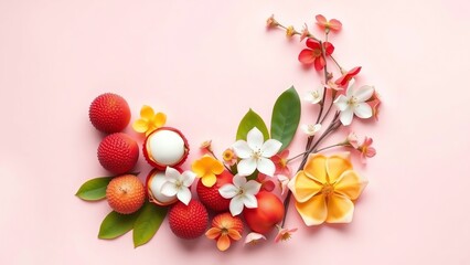A colorful arrangement of tropical fruits and vibrant flowers on a soft pink background, perfect for summer-themed designs and marketing materials
