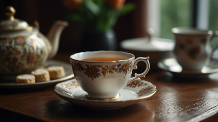 Fototapeta premium A serene afternoon tea with red tea and treats. 