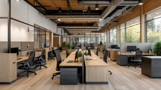 Modern office interior design featuring spacious workstations, large windows, and natural light. layout promotes collaboration and productivity in contemporary environment