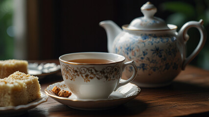 Fototapeta premium Afternoon tea served with red tea and delightful pastries.