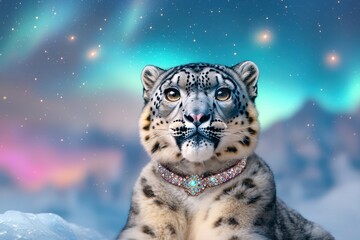 Fototapeta premium Exotic animal influencer concept. Majestic snow leopard adorned with jewelry against a starry aurora backdrop