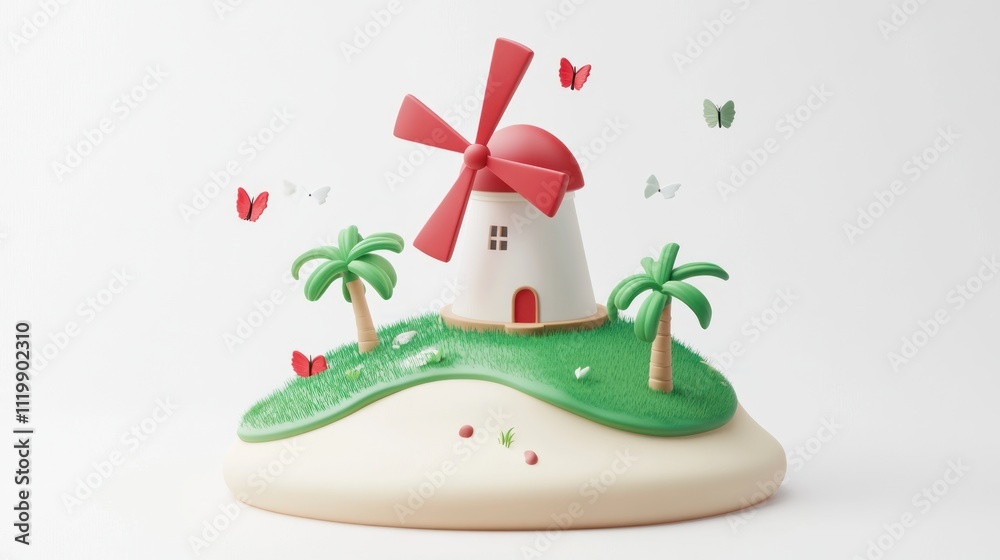 Poster a whimsical windmill on a grassy island with palm trees and butterflies.