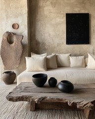 Minimalist, japandi style interior design of modern living room.
