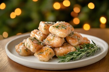 A plate of gnocchi garnished with herbs and a glistening sauce, set against a blurred background.