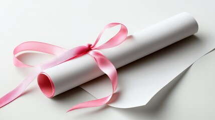 A handwritten love note in cursive, rolled into a scroll and tied with a pink ribbon on a white background