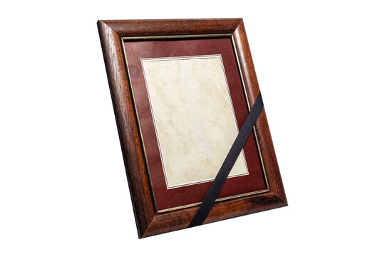 Brown Wooden Frame with Black Mourning Ribbon Isolated on White Background