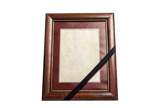 Brown Wooden Frame with Black Mourning Ribbon Isolated on White Background