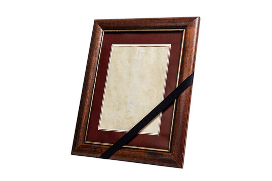 Brown Wooden Frame with Black Mourning Ribbon Isolated on White Background