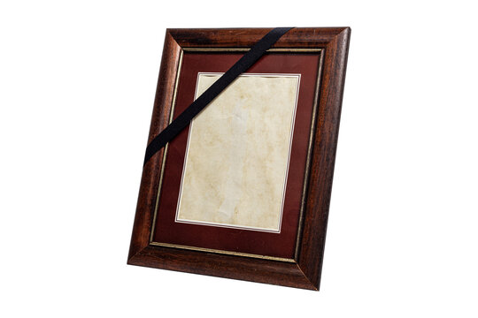 Brown Wooden Frame with Black Mourning Ribbon Isolated on White Background