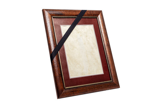 Brown Wooden Frame with Black Mourning Ribbon Isolated on White Background