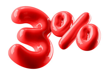 3 Percent Off Discount Glossy Red Number 3D Illustration