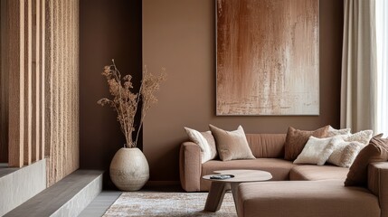 A cozy living room with a modern sectional sofa, decorative pillows, a minimalistic table and a floral arrangement of dry leaves in brown shades of Mocha Mousse