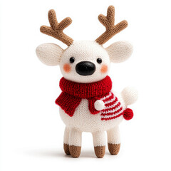 Cute knitted reindeer wearing a red scarf for festive decor.