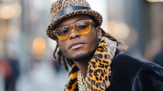 A stylish person in a leopard-patterned hat and sunglasses, displaying urban fashion flair while standing on a bustling city street in soft daylight. - Powered by Adobe