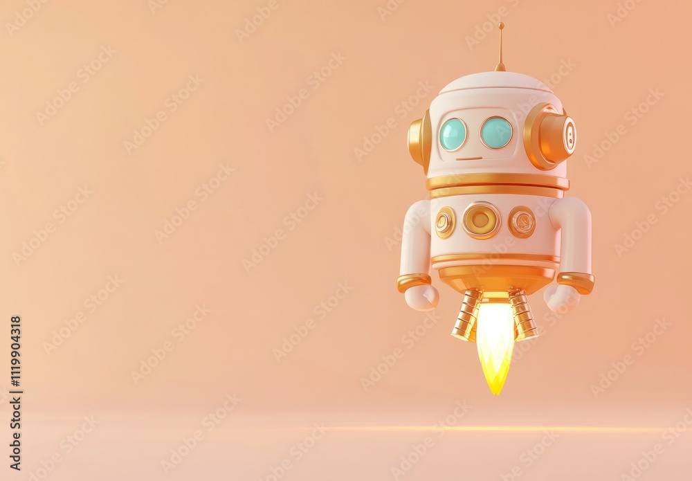 Leinwandbilder a whimsical robot with a rocket, floating against a soft background.