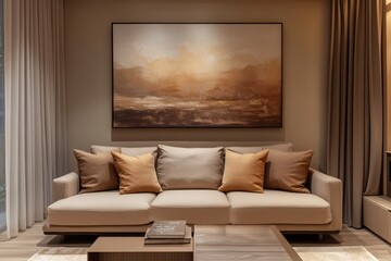 A stylish living room with a beige sofa decorated with decorative pillows, complemented by a large abstract painting and elegant curtains, the interior is made in trendy Mocha Mousse colors