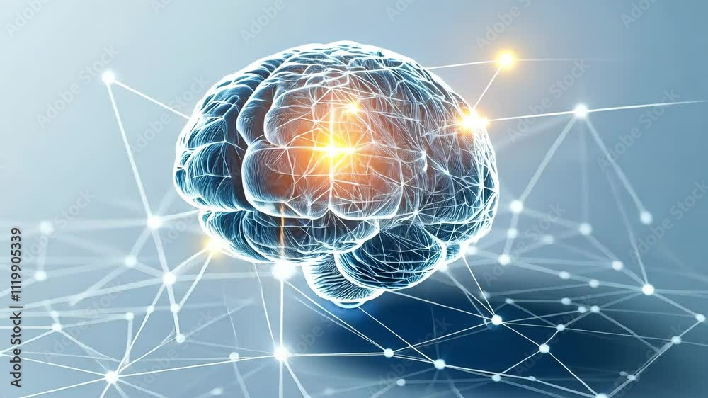Poster glowing brain with connecting lines and abstract digital background for technology themes