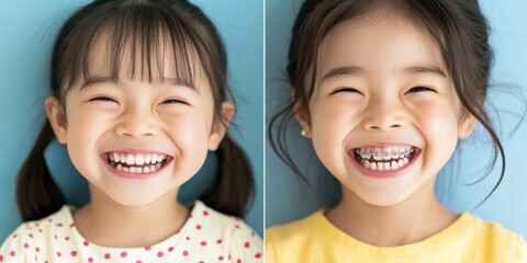 変身の旅：歯列矯正をして春を祝う子供の笑顔のポートレートのビフォーアフター