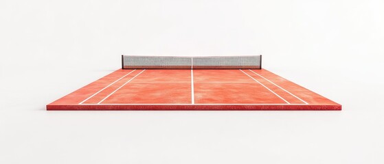 Clay tennis court with net, isolated on white background.