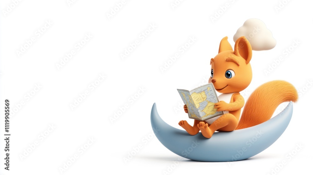 Poster a cheerful cartoon squirrel reading a map while sitting on a crescent moon.