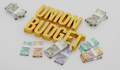 Union Budget of India with Indian Currency Rupee Notes - 3D Illustration Render