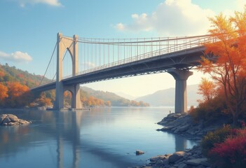 Naklejka premium Illustration of modern suspension bridge spanning river with autumn foliage and clear sky
