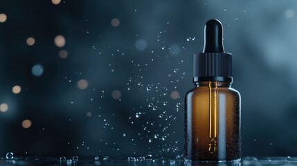 The amber glass dropper bottle is artfully adorned with water droplets, presented in a soft-focus setting that emphasizes its smooth and refined design.